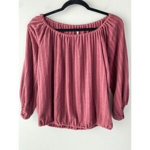 Free People Delicate Off Shoulder Top S Burgundy Balloon Sleeve Boho Dainty Knit